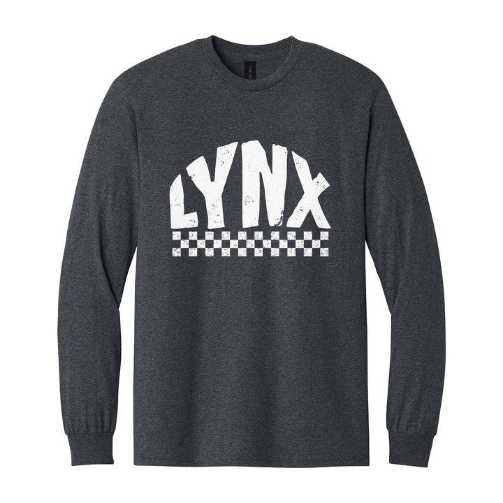 Oley Valley Lynx Checkered long sleeve t-shirt in Dark Heather: distressed LYNX lettering over a checkerboard band