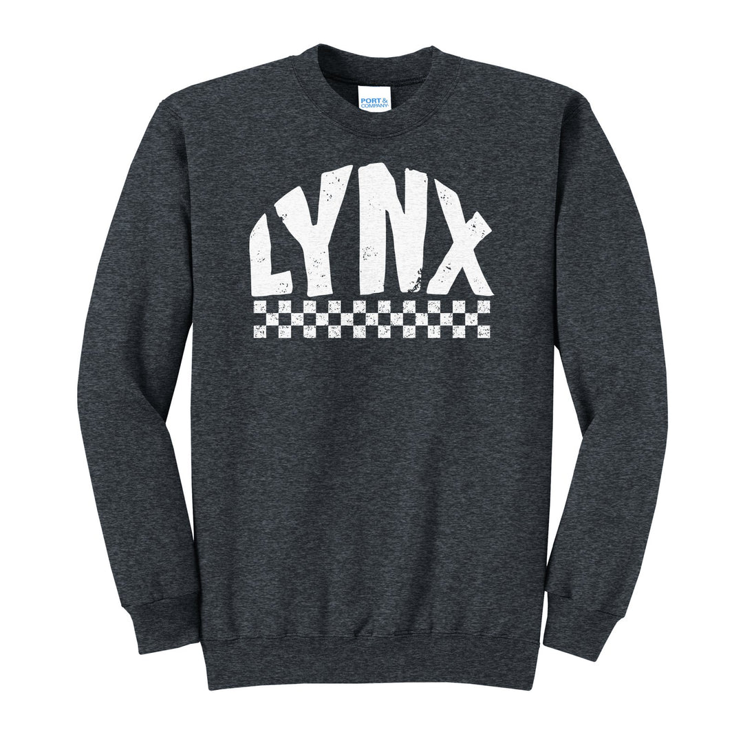 Oley Valley Lynx Checkered crewneck sweatshirt in Dark Heather Grey: distressed LYNX lettering over a checkerboard band