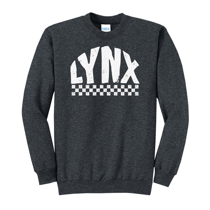Oley Valley Lynx Checkered crewneck sweatshirt in Dark Heather Grey: distressed LYNX lettering over a checkerboard band