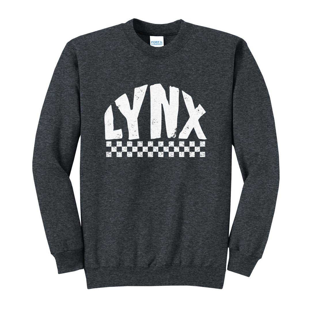 Oley Valley Lynx Checkered crewneck sweatshirt in Dark Heather Grey: distressed LYNX lettering over a checkerboard band