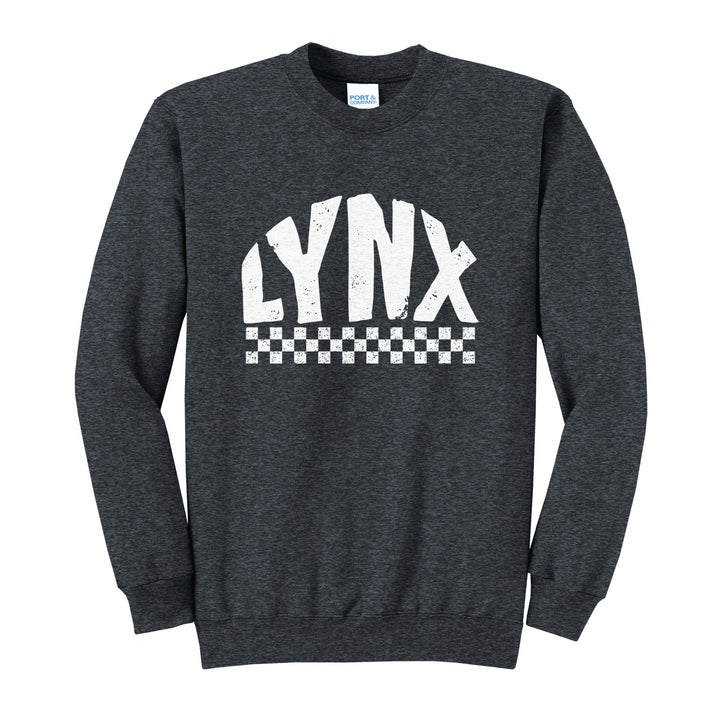 Oley Valley Lynx Checkered crewneck sweatshirt in Dark Heather Grey: distressed LYNX lettering over a checkerboard band