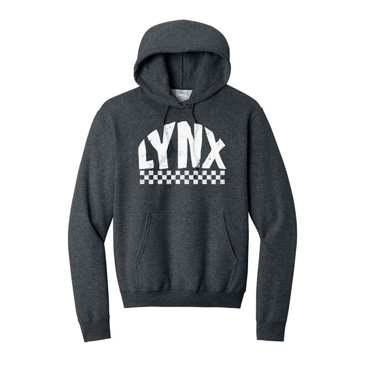 Oley Valley Lynx Checkered hoodie in Dark Heather Grey: distressed LYNX lettering over a checkerboard band
