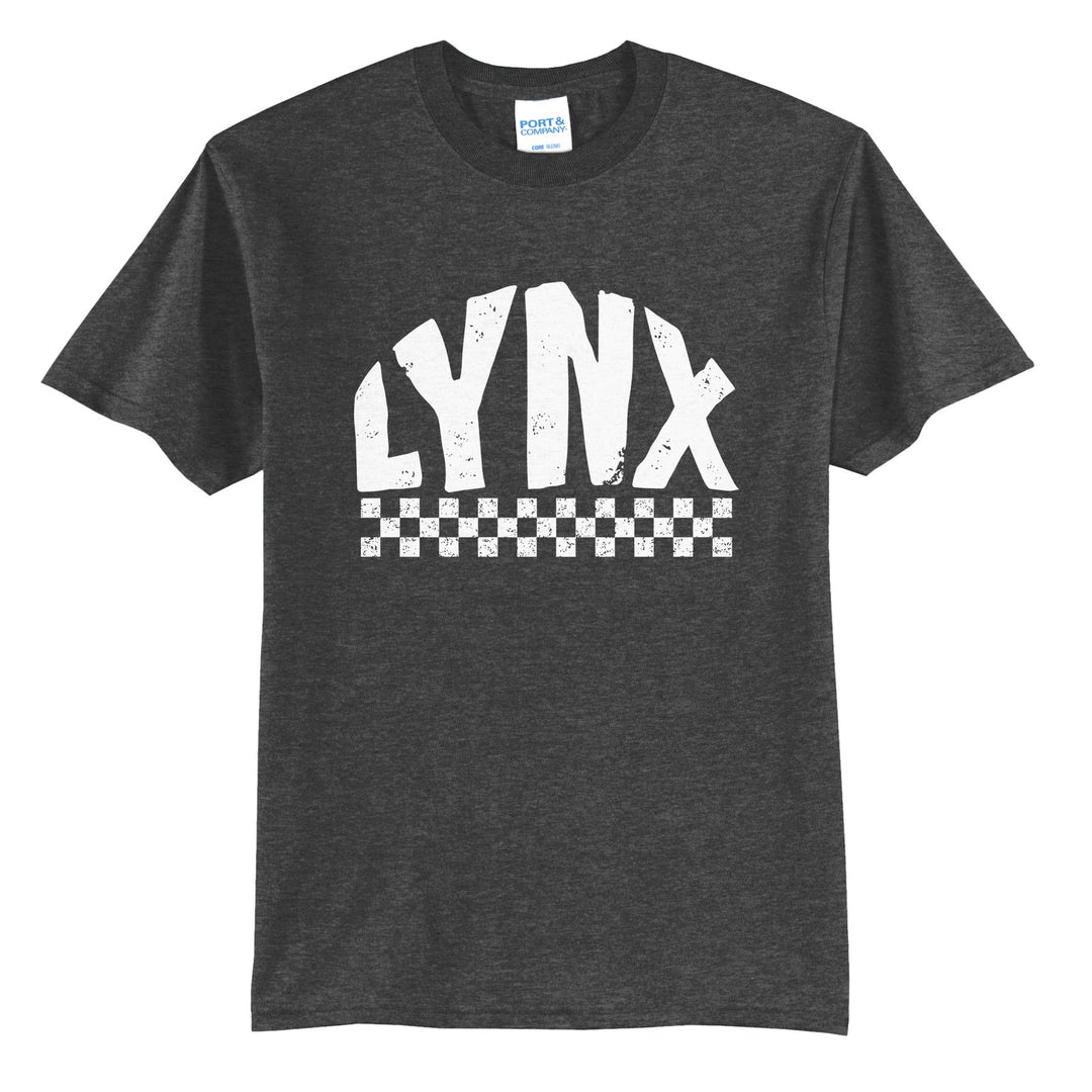 Oley Valley Lynx Checkered t-shirt in Dark Heather Grey: distressed LYNX lettering over a checkerboard band