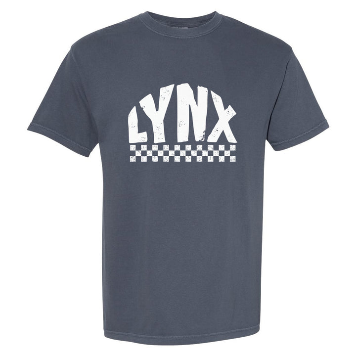 Oley Valley Lynx Checkered comfort colors t-shirt in Denim: distressed LYNX lettering over a checkerboard band