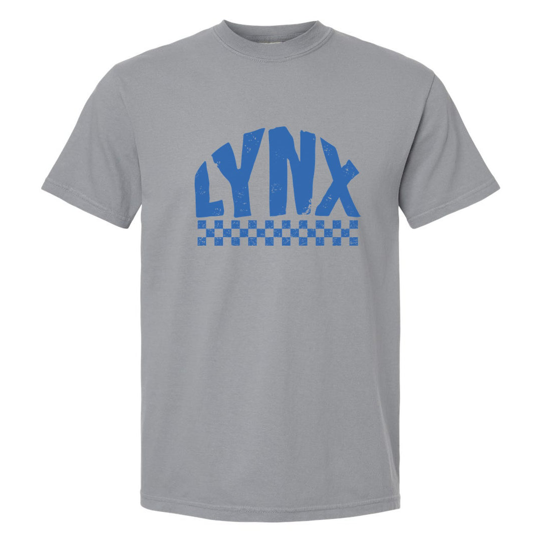 Oley Valley Lynx Checkered comfort colors t-shirt in Granite: distressed LYNX lettering over a checkerboard band
