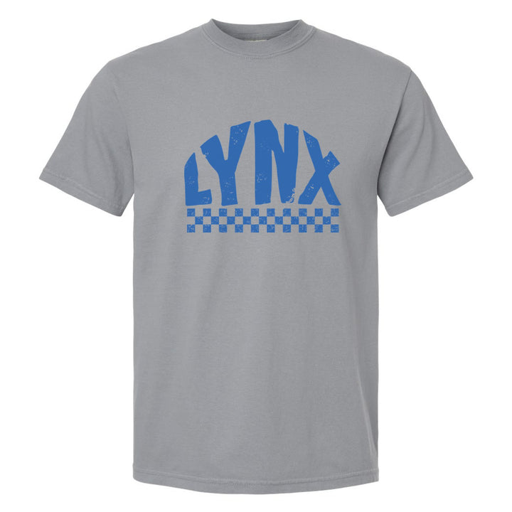 Oley Valley Lynx Checkered comfort colors t-shirt in Granite: distressed LYNX lettering over a checkerboard band