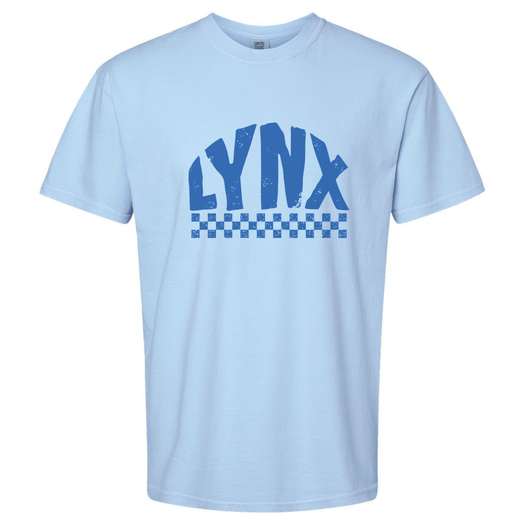 Oley Valley Lynx Checkered comfort colors t-shirt in Hydrangea: distressed LYNX lettering over a checkerboard band