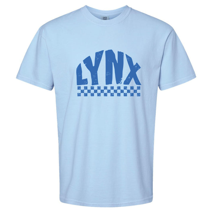 Oley Valley Lynx Checkered comfort colors t-shirt in Hydrangea: distressed LYNX lettering over a checkerboard band