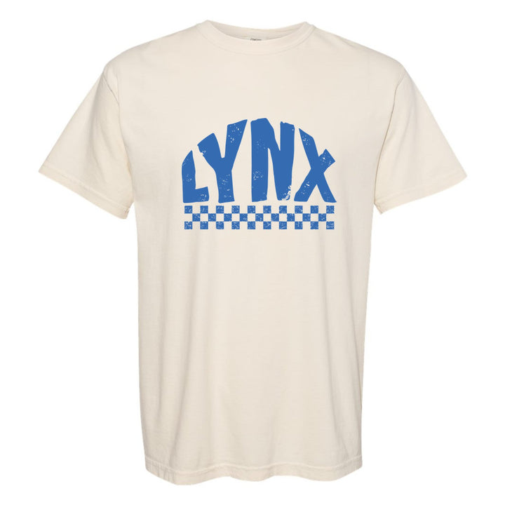 Oley Valley Lynx Checkered comfort colors t-shirt in Ivory: distressed LYNX lettering over a checkerboard band