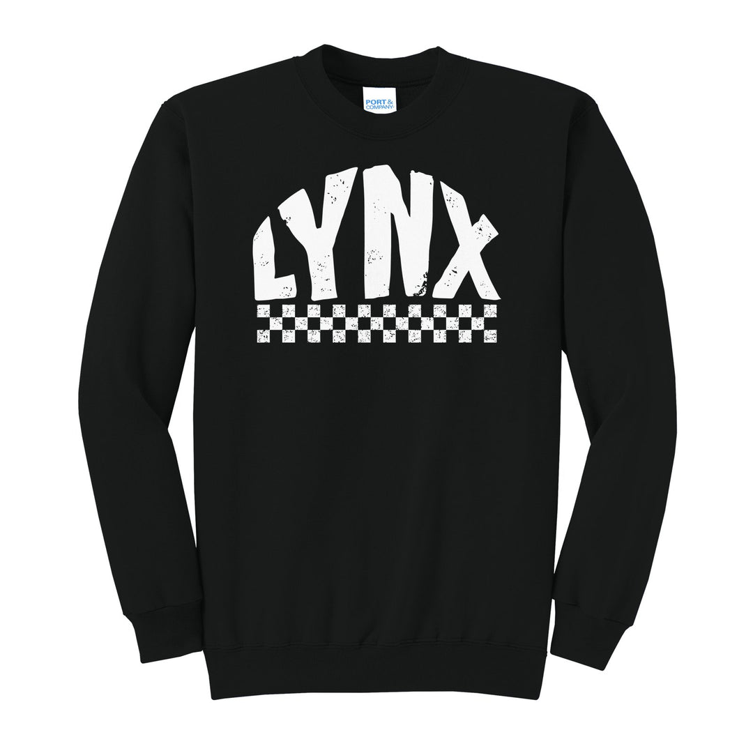 Oley Valley Lynx Checkered crewneck sweatshirt in Jet Black: distressed LYNX lettering over a checkerboard band