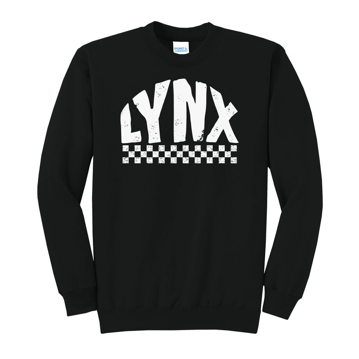 Oley Valley Lynx Checkered crewneck sweatshirt in Jet Black: distressed LYNX lettering over a checkerboard band