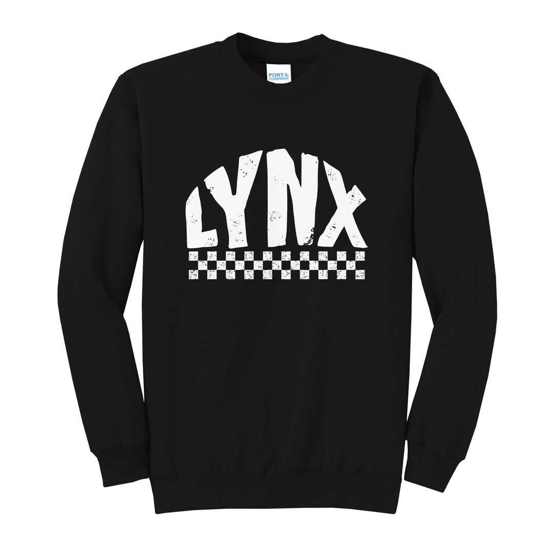 Oley Valley Lynx Checkered crewneck sweatshirt in Jet Black: distressed LYNX lettering over a checkerboard band