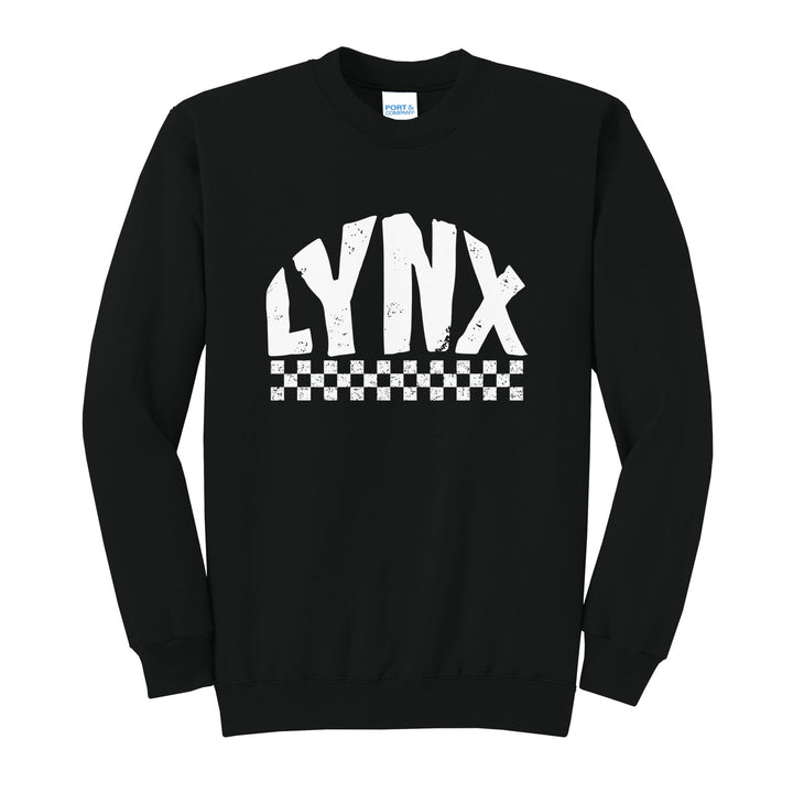 Oley Valley Lynx Checkered crewneck sweatshirt in Jet Black: distressed LYNX lettering over a checkerboard band