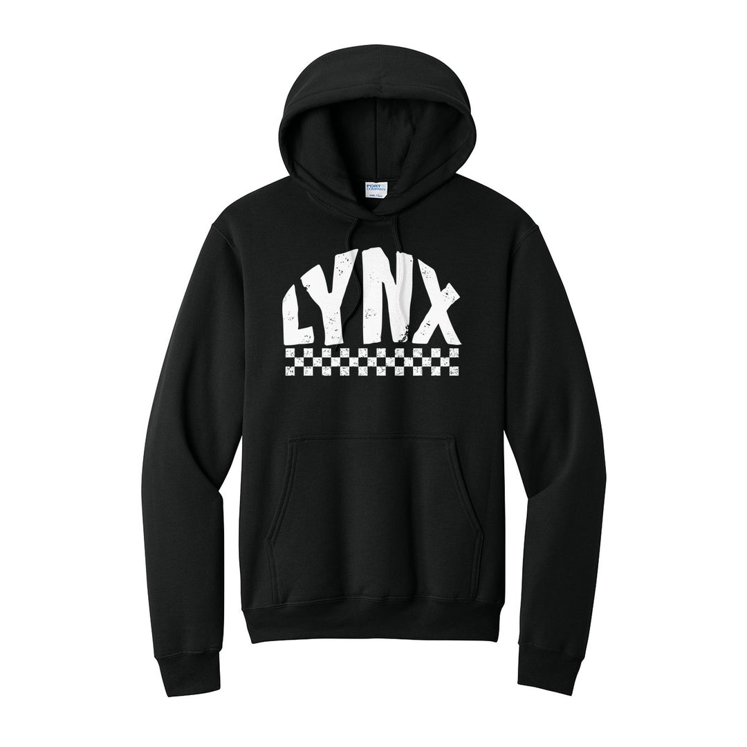 Oley Valley Lynx Checkered hoodie in Jet Black: distressed LYNX lettering over a checkerboard band