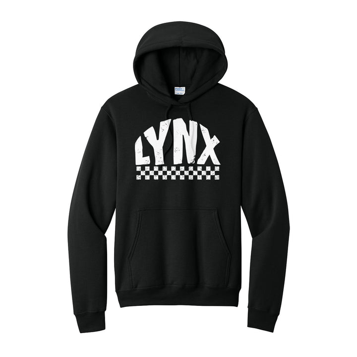 Oley Valley Lynx Checkered hoodie in Jet Black: distressed LYNX lettering over a checkerboard band