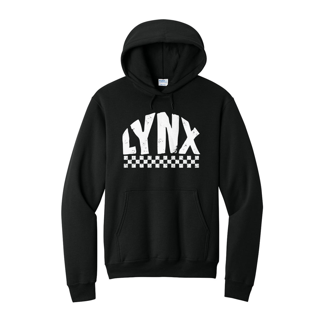 Oley Valley Lynx Checkered hoodie in Jet Black: distressed LYNX lettering over a checkerboard band