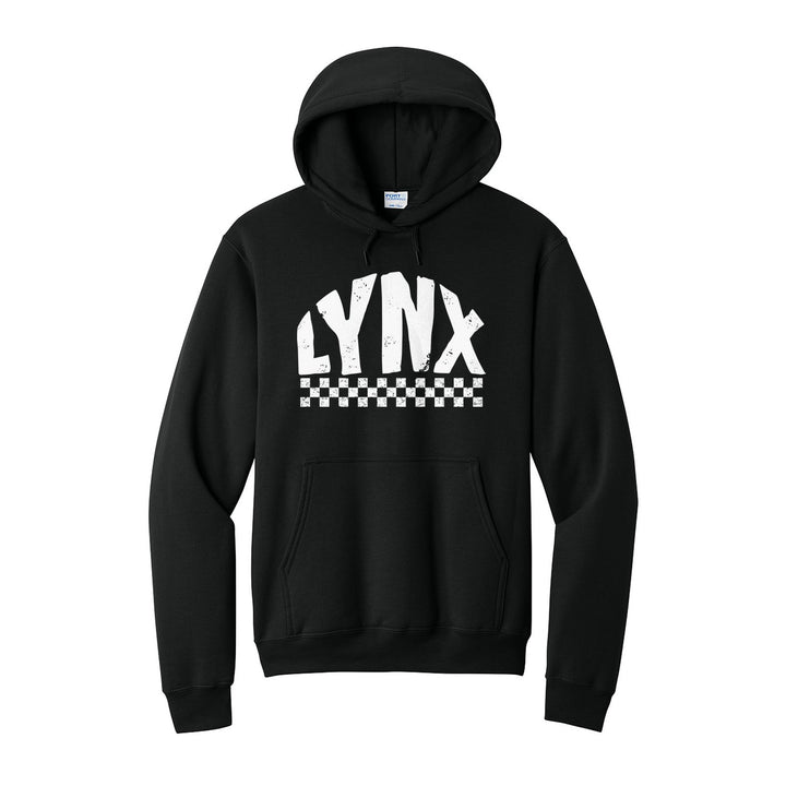 Oley Valley Lynx Checkered hoodie in Jet Black: distressed LYNX lettering over a checkerboard band