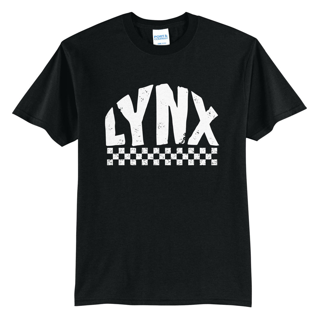 Oley Valley Lynx Checkered t-shirt in Jet Black: distressed LYNX lettering over a checkerboard band