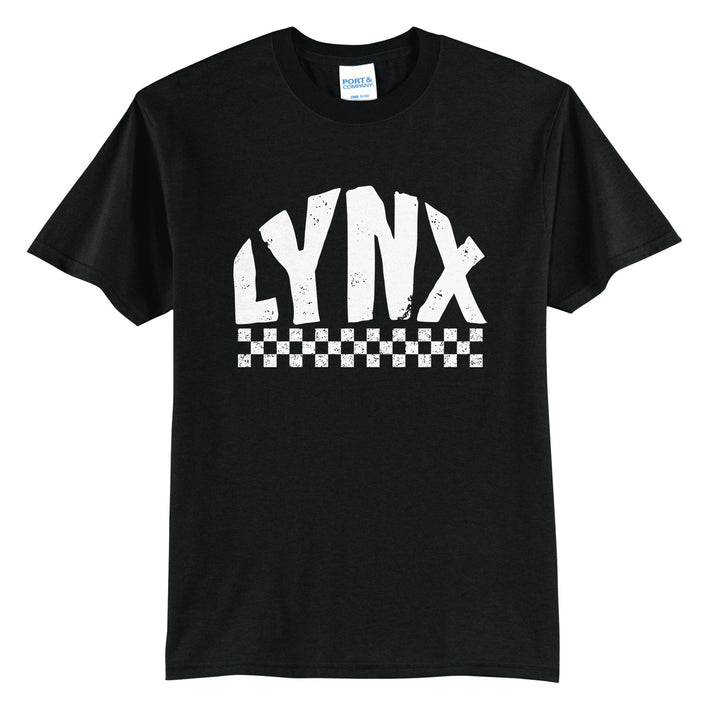 Oley Valley Lynx Checkered t-shirt in Jet Black: distressed LYNX lettering over a checkerboard band