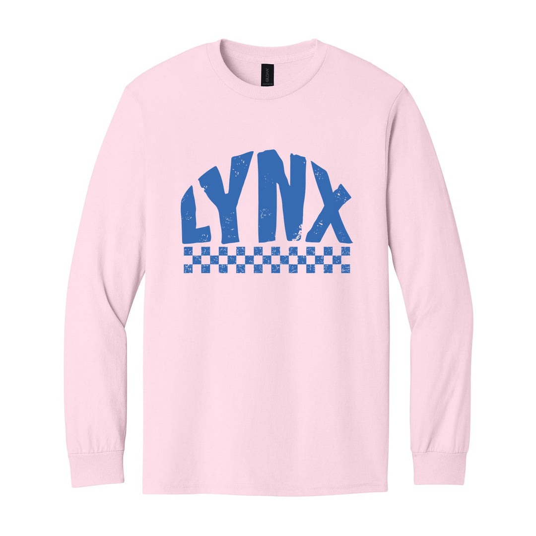 Oley Valley Lynx Checkered long sleeve t-shirt in Light Pink: distressed LYNX lettering over a checkerboard band
