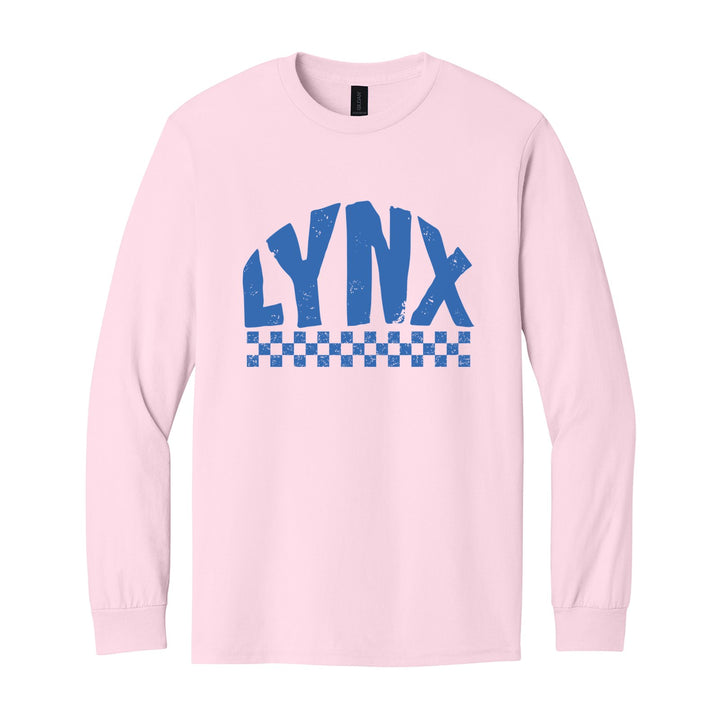 Oley Valley Lynx Checkered long sleeve t-shirt in Light Pink: distressed LYNX lettering over a checkerboard band