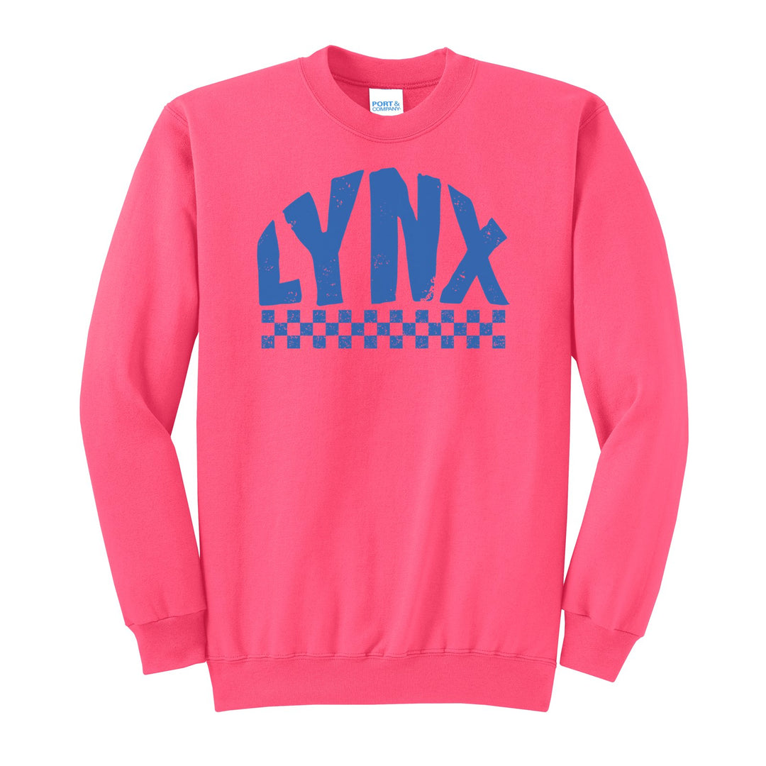Oley Valley Lynx Checkered crewneck sweatshirt in Neon Pink: distressed LYNX lettering over a checkerboard band