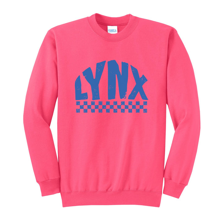 Oley Valley Lynx Checkered crewneck sweatshirt in Neon Pink: distressed LYNX lettering over a checkerboard band