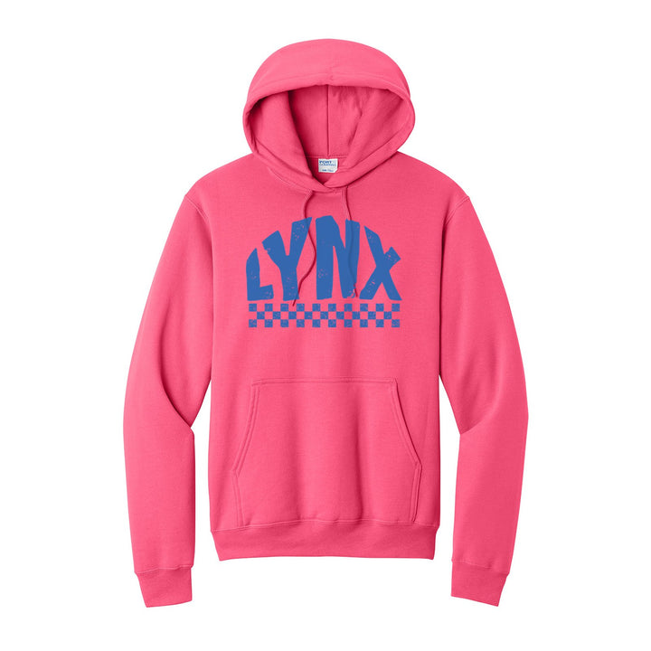 Oley Valley Lynx Checkered hoodie in Neon Pink: distressed LYNX lettering over a checkerboard band