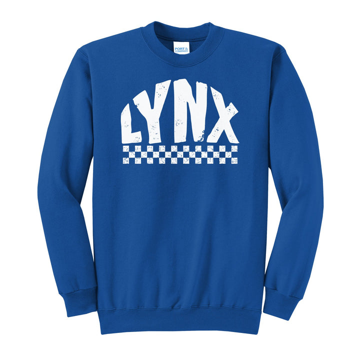 Oley Valley Lynx Checkered crewneck sweatshirt in Royal: distressed LYNX lettering over a checkerboard band