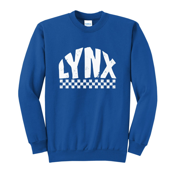 Oley Valley Lynx Checkered crewneck sweatshirt in Royal: distressed LYNX lettering over a checkerboard band