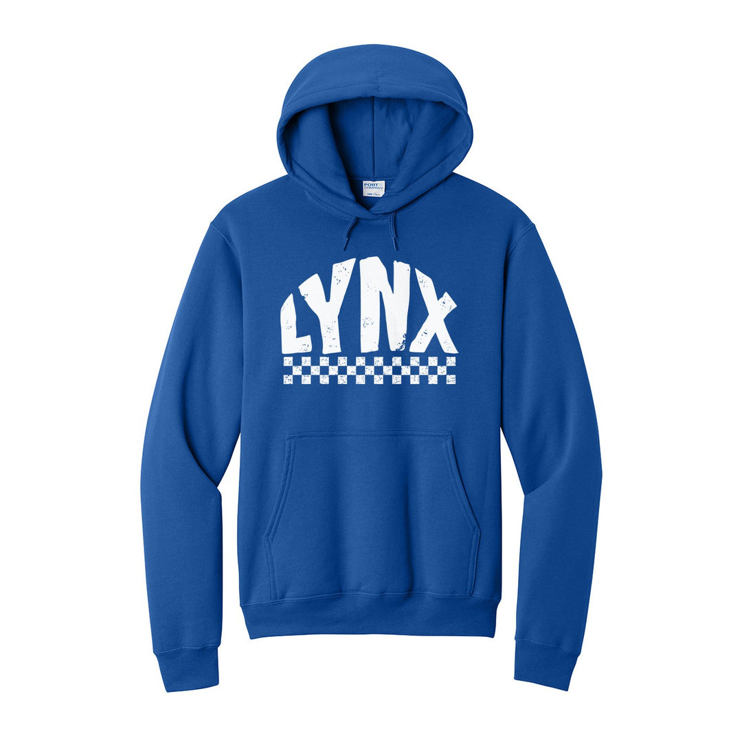 Oley Valley Lynx Checkered hoodie in Royal: distressed LYNX lettering over a checkerboard band