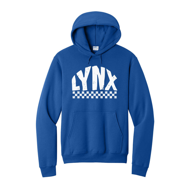 Oley Valley Lynx Checkered hoodie in Royal: distressed LYNX lettering over a checkerboard band