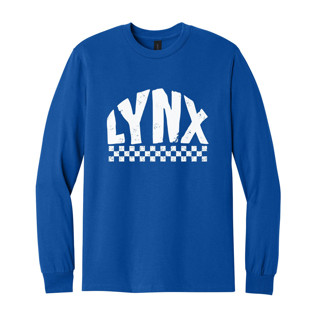 Oley Valley Lynx Checkered long sleeve t-shirt in Royal: distressed LYNX lettering over a checkerboard band