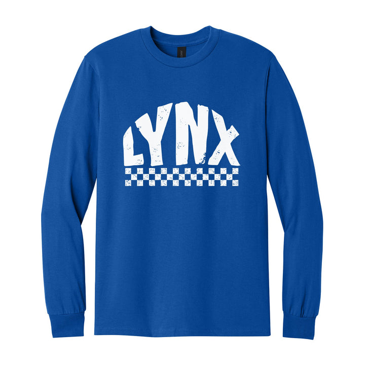 Oley Valley Lynx Checkered long sleeve t-shirt in Royal: distressed LYNX lettering over a checkerboard band