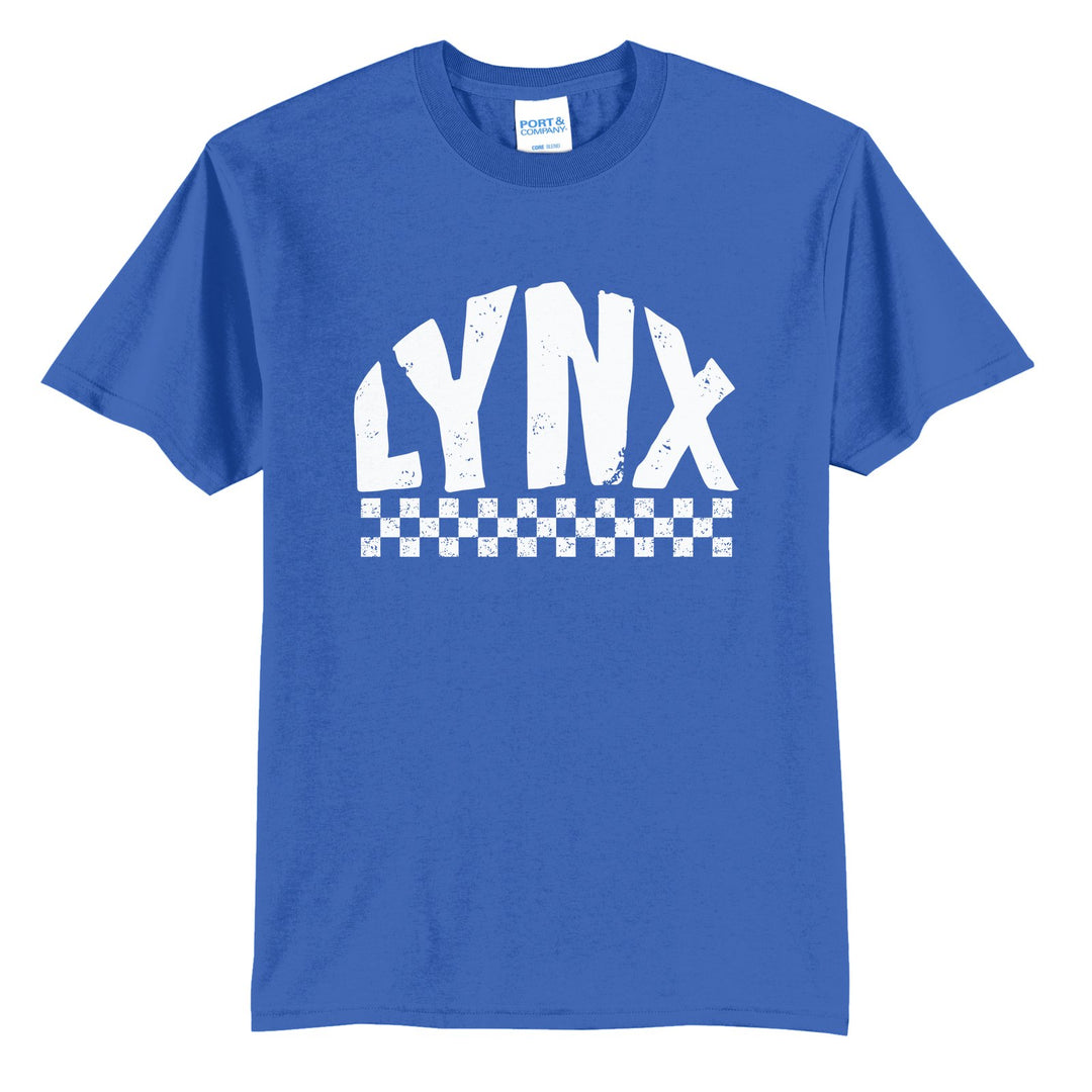 Oley Valley Lynx Checkered t-shirt in Royal: distressed LYNX lettering over a checkerboard band