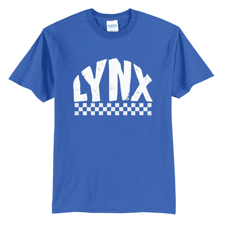 Oley Valley Lynx Checkered t-shirt in Royal: distressed LYNX lettering over a checkerboard band