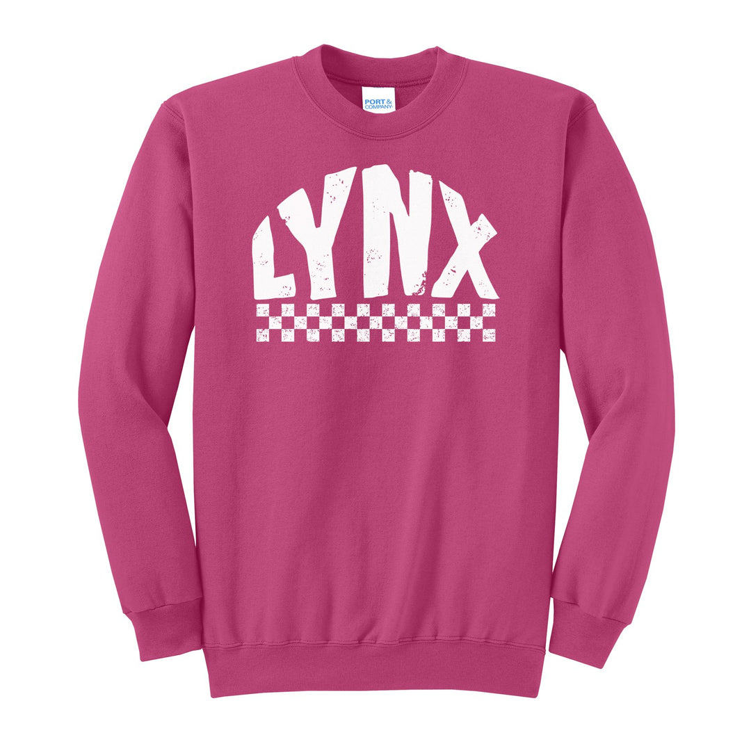 Oley Valley Lynx Checkered crewneck sweatshirt in Sangria: distressed LYNX lettering over a checkerboard band