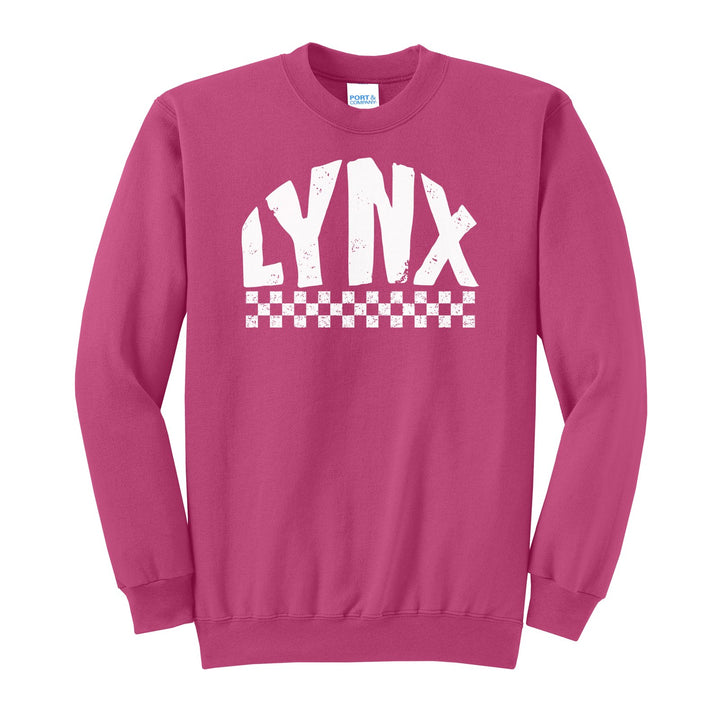 Oley Valley Lynx Checkered crewneck sweatshirt in Sangria: distressed LYNX lettering over a checkerboard band