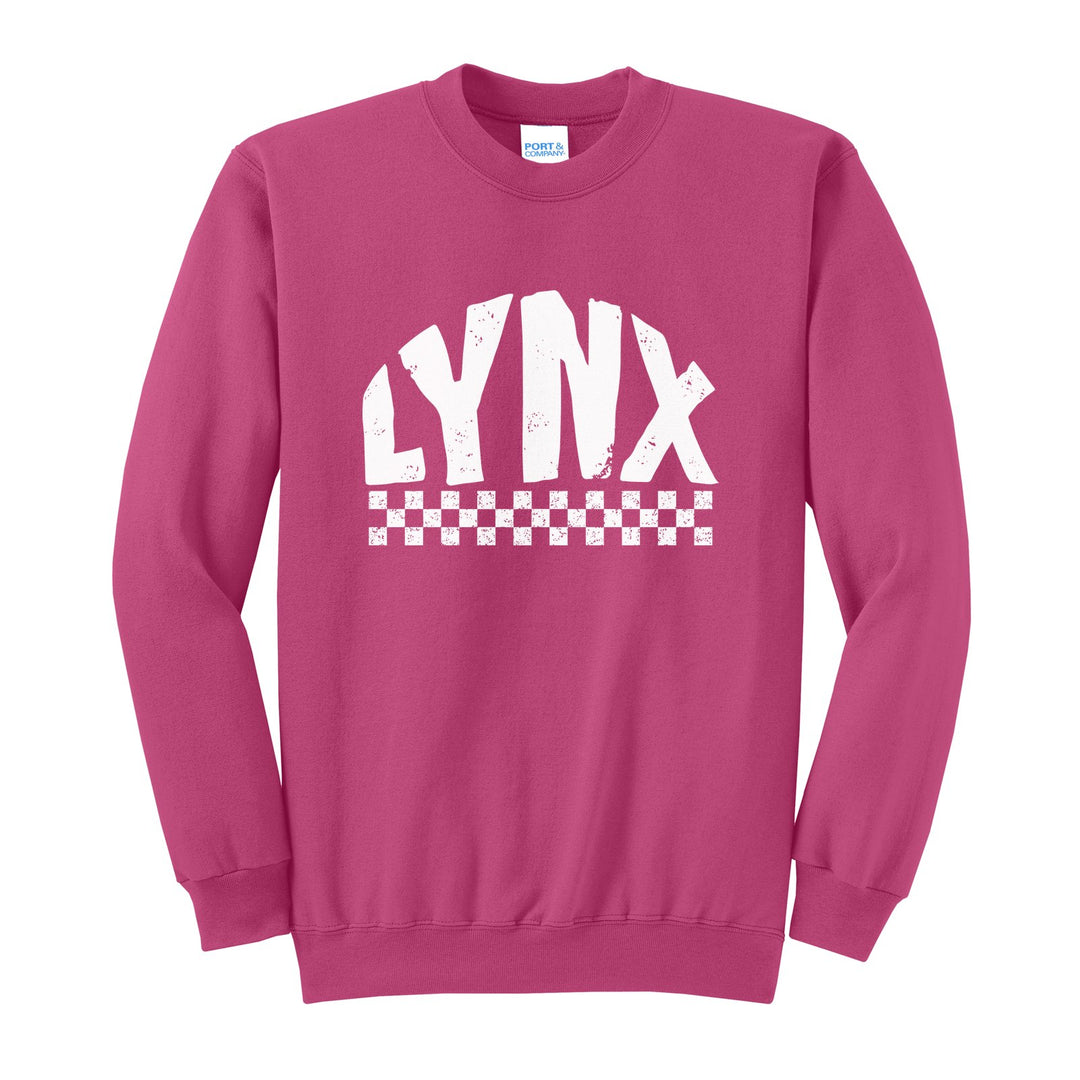 Oley Valley Lynx Checkered crewneck sweatshirt in Sangria: distressed LYNX lettering over a checkerboard band