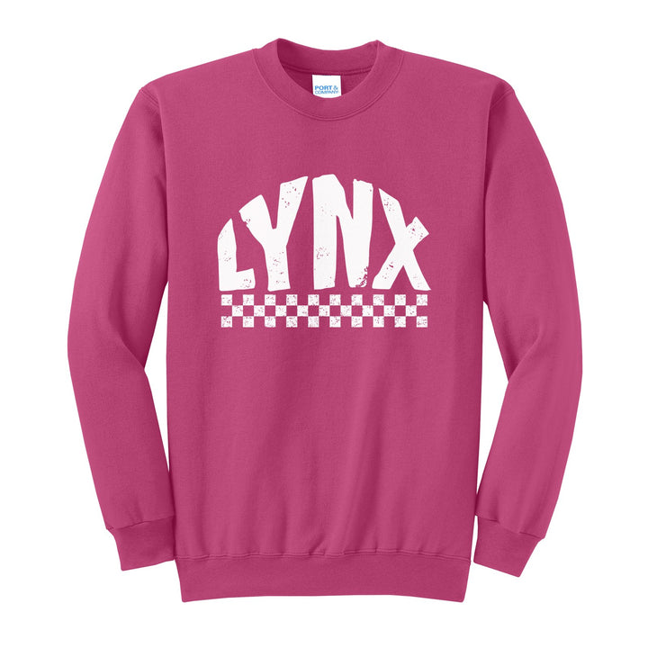 Oley Valley Lynx Checkered crewneck sweatshirt in Sangria: distressed LYNX lettering over a checkerboard band