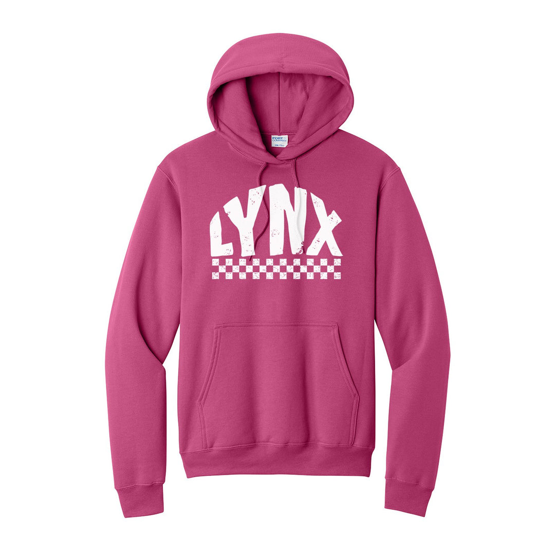 Oley Valley Lynx Checkered hoodie in Sangria: distressed LYNX lettering over a checkerboard band