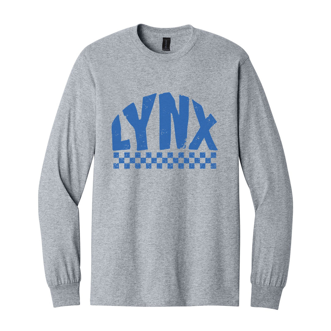 Oley Valley Lynx Checkered long sleeve t-shirt in Sport Grey: distressed LYNX lettering over a checkerboard band