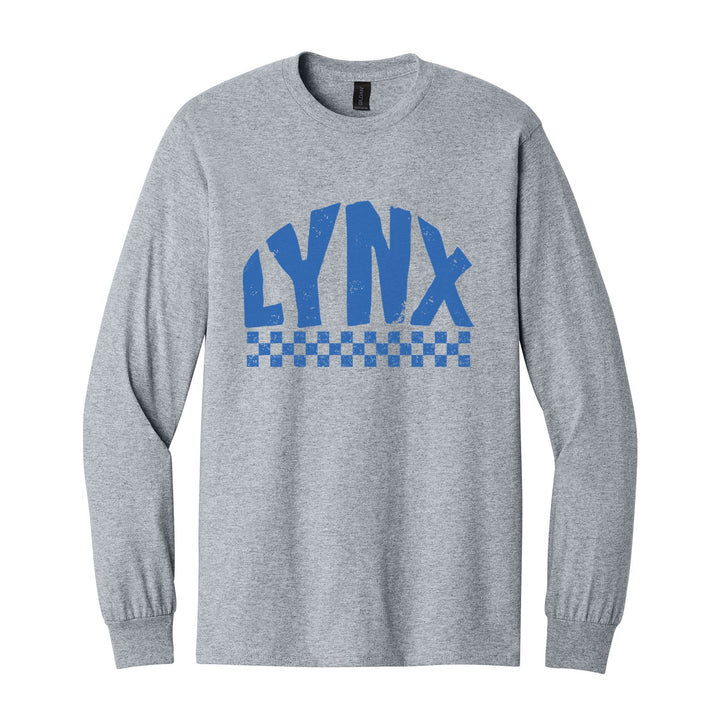 Oley Valley Lynx Checkered long sleeve t-shirt in Sport Grey: distressed LYNX lettering over a checkerboard band