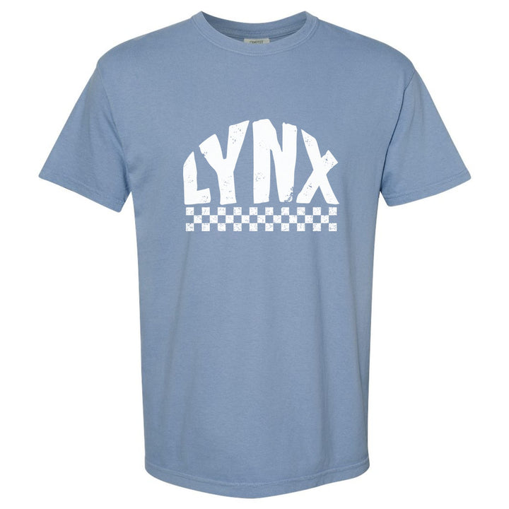 Oley Valley Lynx Checkered comfort colors t-shirt in Washed Denim: distressed LYNX lettering over a checkerboard band