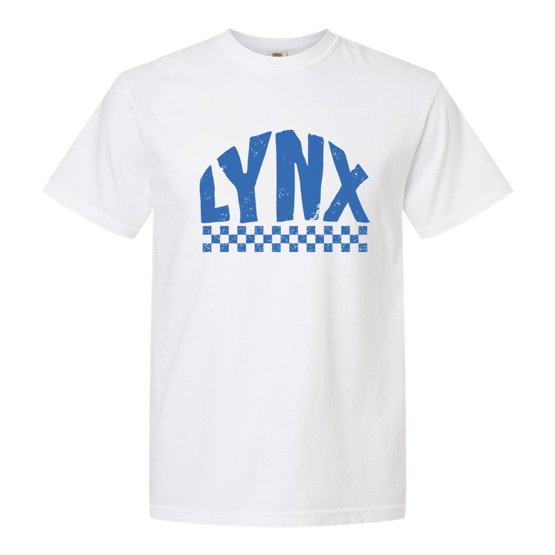 Oley Valley Lynx Checkered comfort colors t-shirt in White: distressed LYNX lettering over a checkerboard band