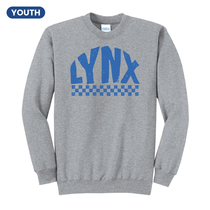 Oley Valley Lynx Checkered youth crewneck sweatshirt in Athletic Heather: distressed LYNX lettering over a checkerboard band