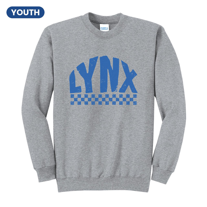 Oley Valley Lynx Checkered youth crewneck sweatshirt in Athletic Heather: distressed LYNX lettering over a checkerboard band