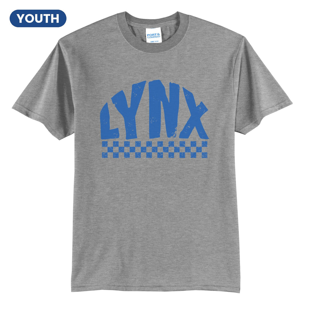 Oley Valley Lynx Checkered youth t-shirt in Athletic Heather: distressed LYNX lettering over a checkerboard band