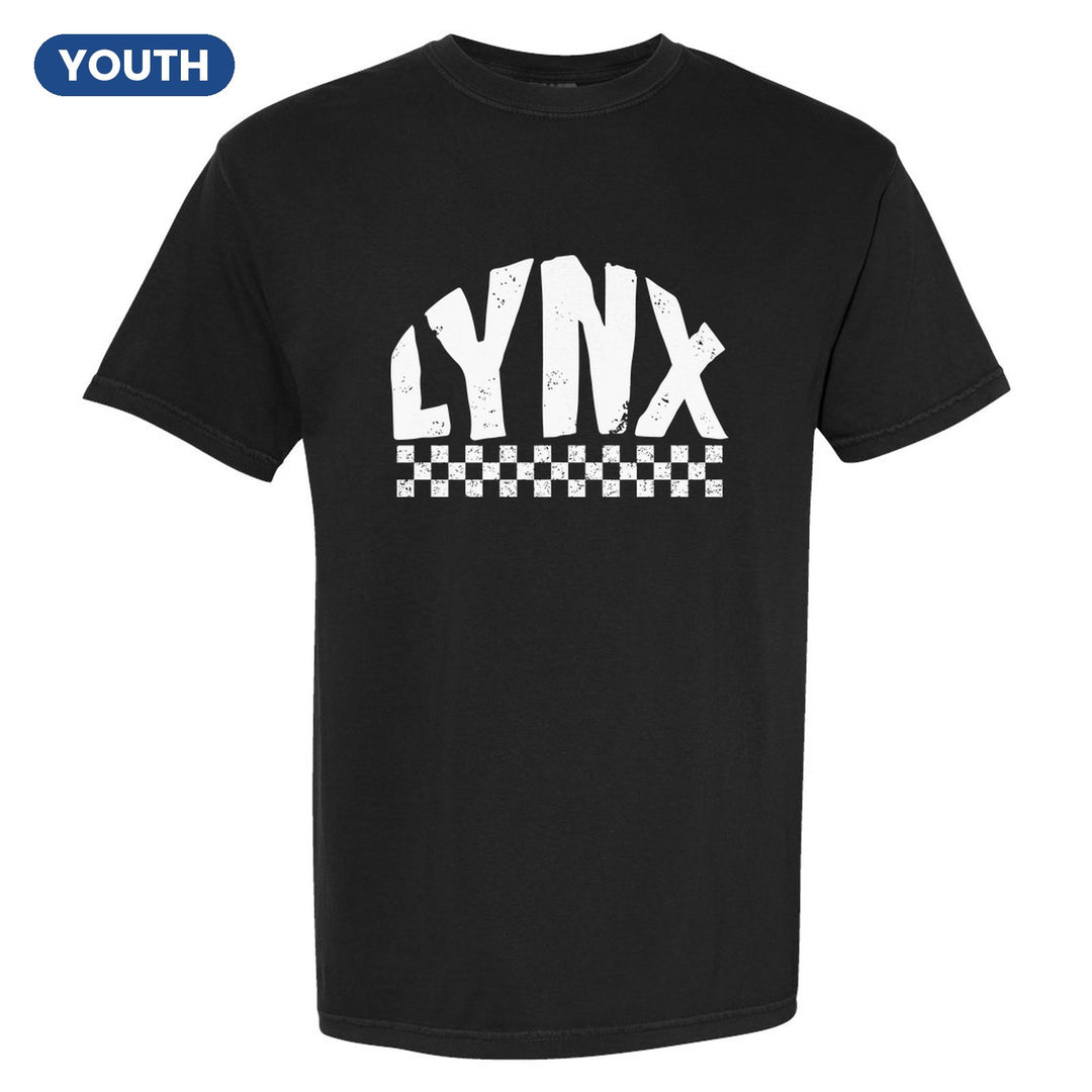 Oley Valley Lynx Checkered youth comfort colors t-shirt in Black: distressed LYNX lettering over a checkerboard band