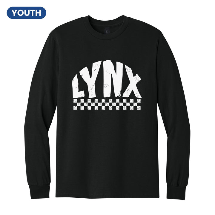 Oley Valley Lynx Checkered youth long sleeve t-shirt in Black: distressed LYNX lettering over a checkerboard band